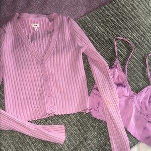 Aerie - Pink Ribbed Button-Up Cardigan and Satin Cami Set